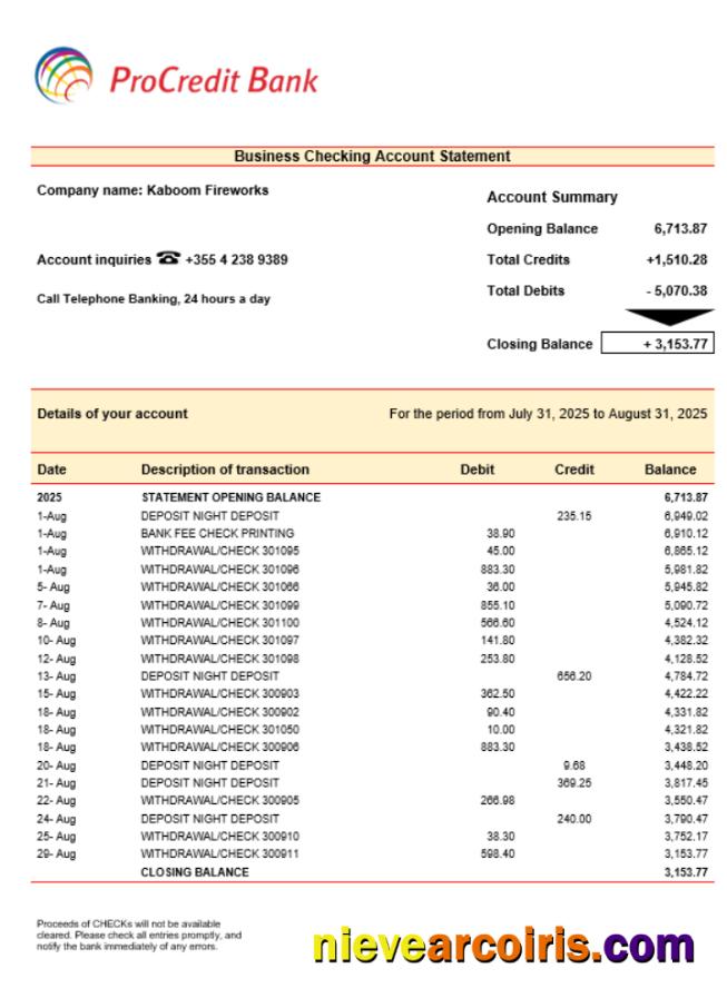 ProcreditBank company checking account statement